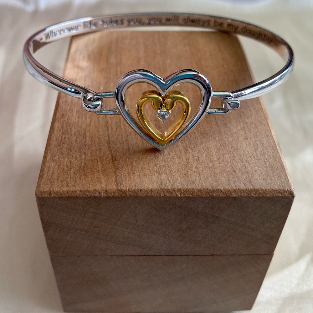 Silver and Gold Heart Bracelet with Diamond and Daughter Inscription